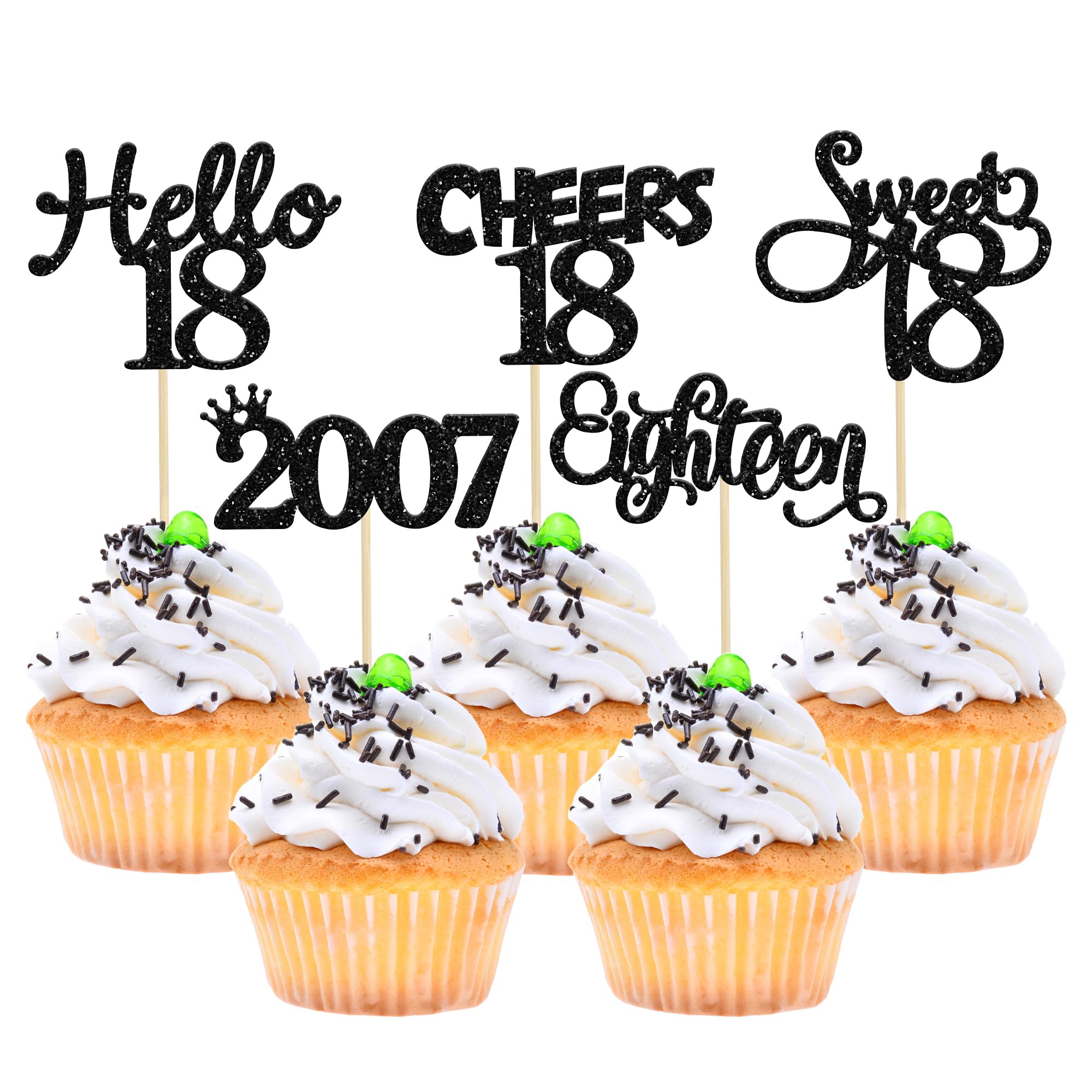 Gyufise black glitter 18th birthday cupcake toppers on a cake for a stylish celebration