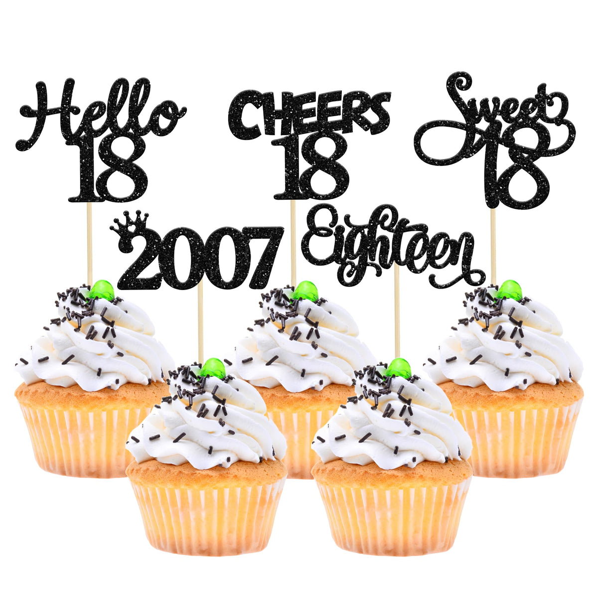 Gyufise black glitter 18th birthday cupcake toppers on a cake for a stylish celebration