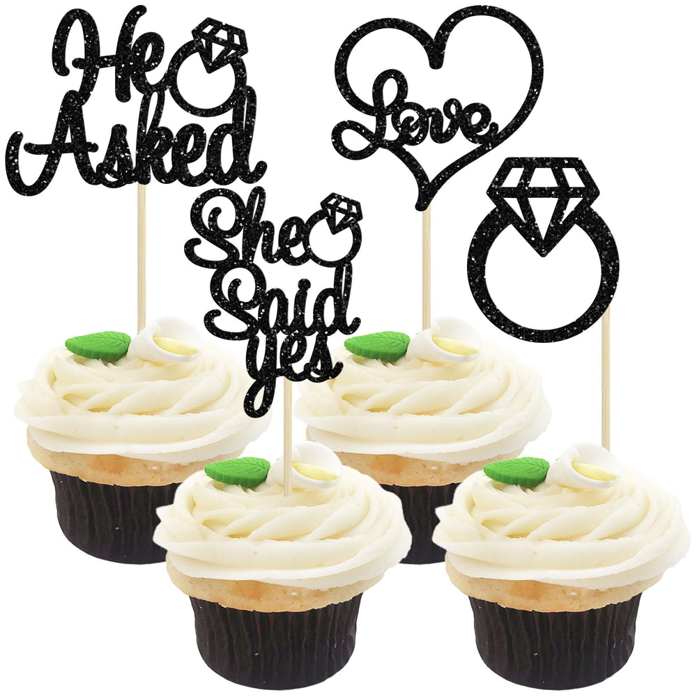 Gyufise black glitter He Asked She Said Yes cupcake topper for wedding cakes.