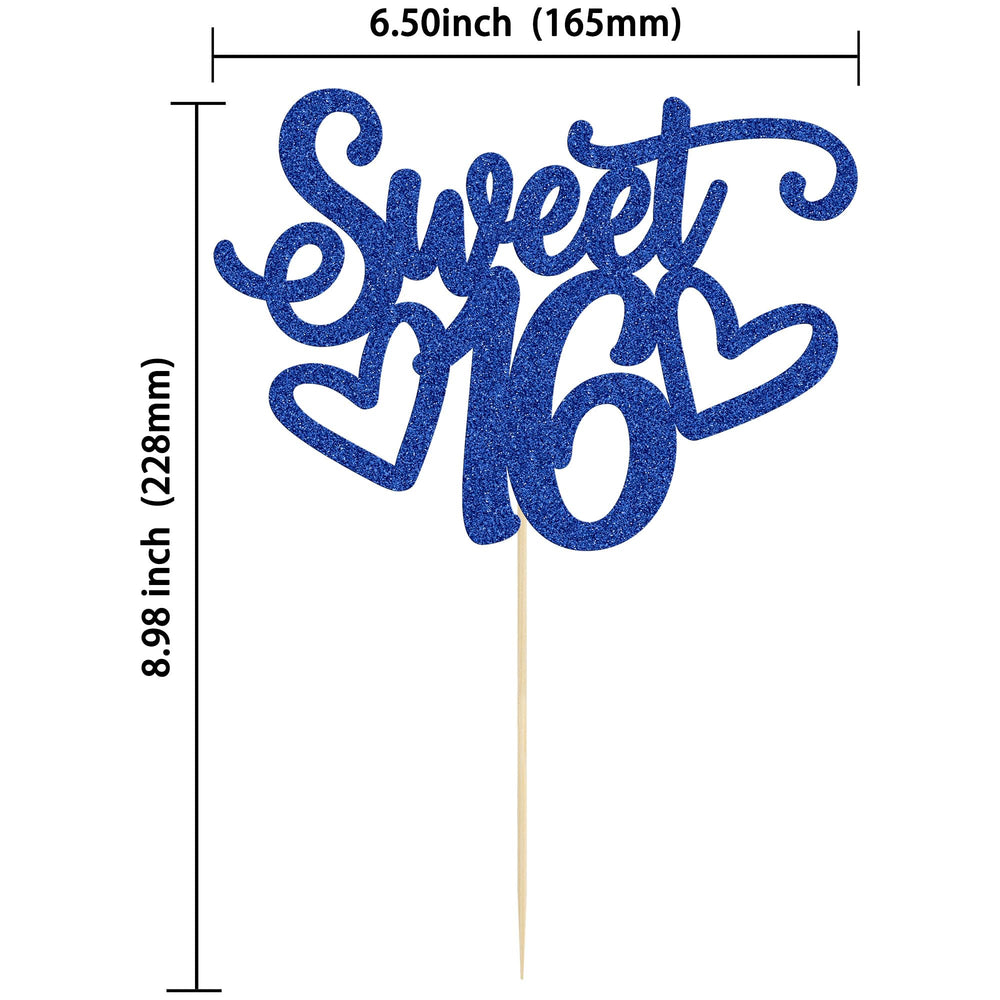Gyufise blue glitter Sweet 16 topper enhances celebration visuals.