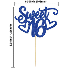 Gyufise blue glitter Sweet 16 topper enhances celebration visuals.