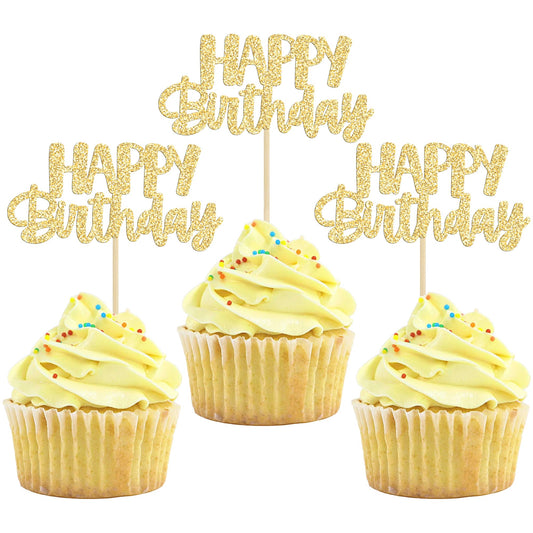 Gyufise cupcake toppers with gold glitter add festive cake flair.