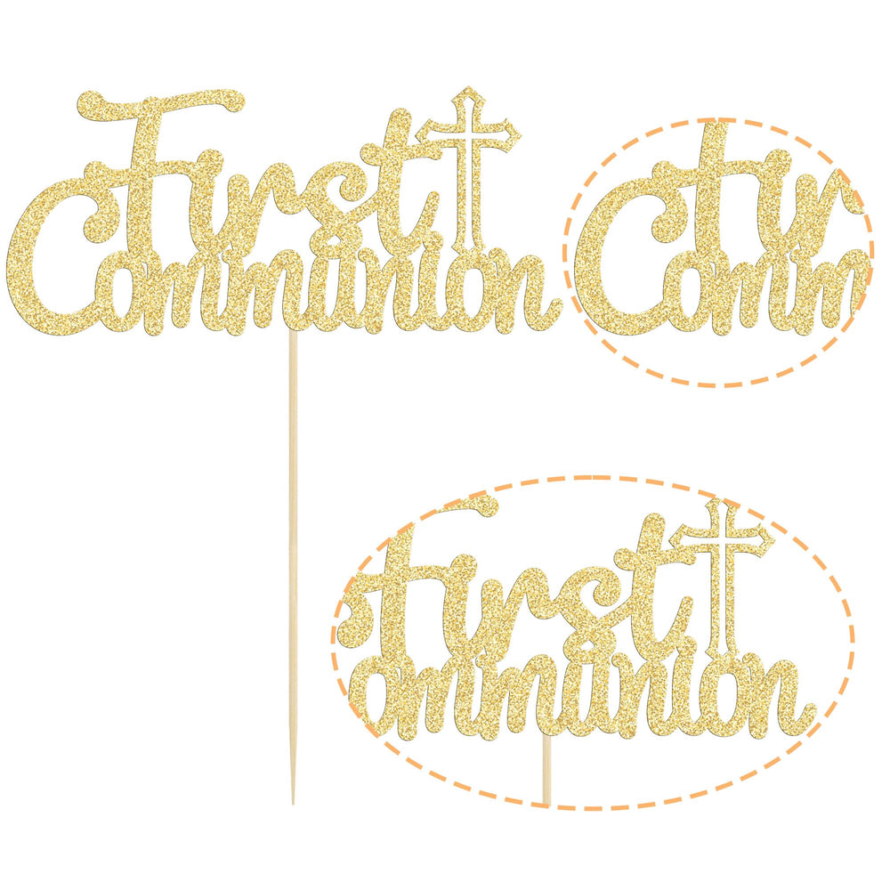 Gyufise first baptism cake topper in gold glitter for festive décor.