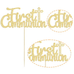 Gyufise first baptism cake topper in gold glitter for festive décor.