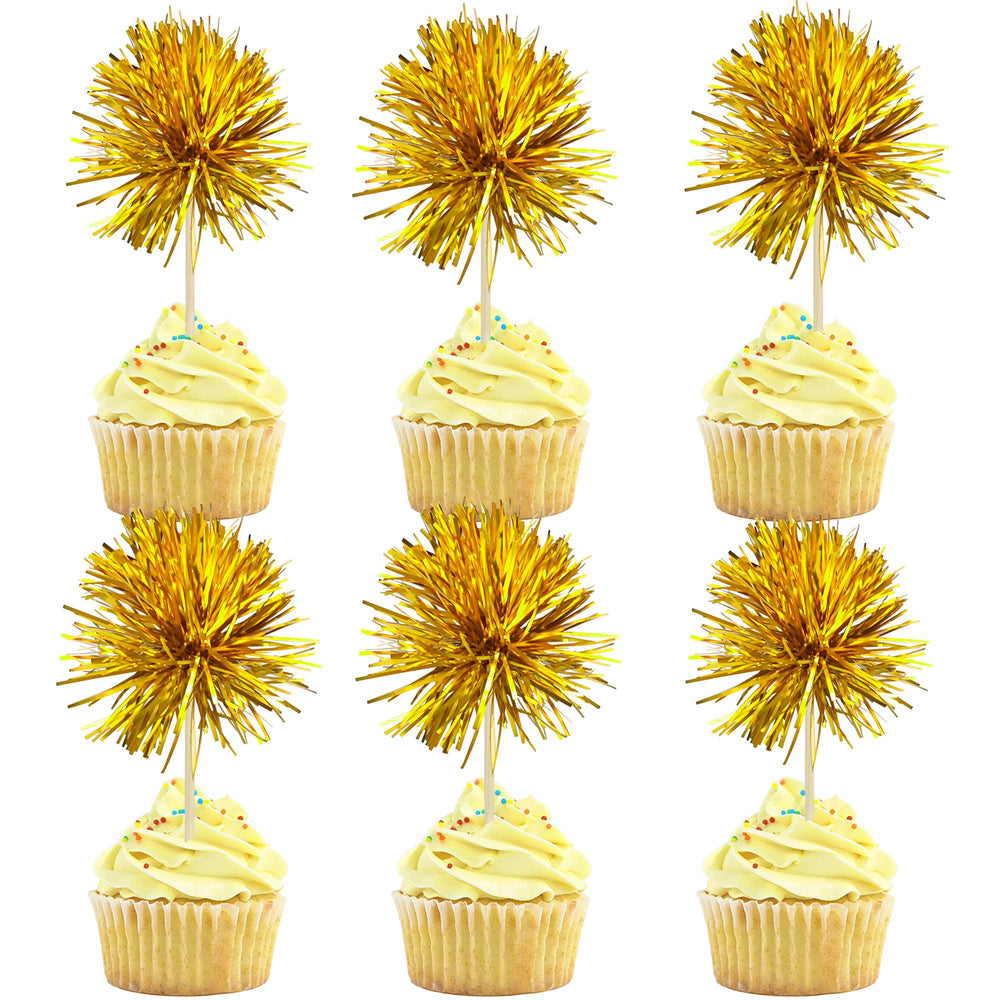 Gyufise foil firework cupcake toppers in dark gold add instant sparkle to desserts.