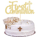 Gyufise gold glitter First Communion cake topper assembled for easy insertion.