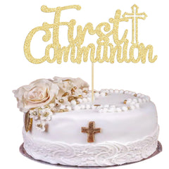 Gyufise gold glitter First Communion cake topper assembled for easy insertion.