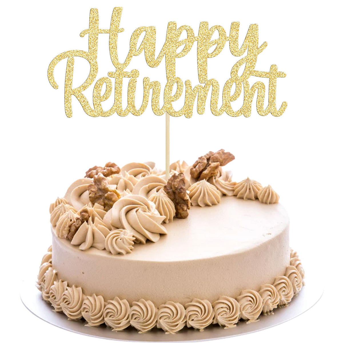Gyufise gold glitter retirement cake topper adding sparkle to a celebration cake