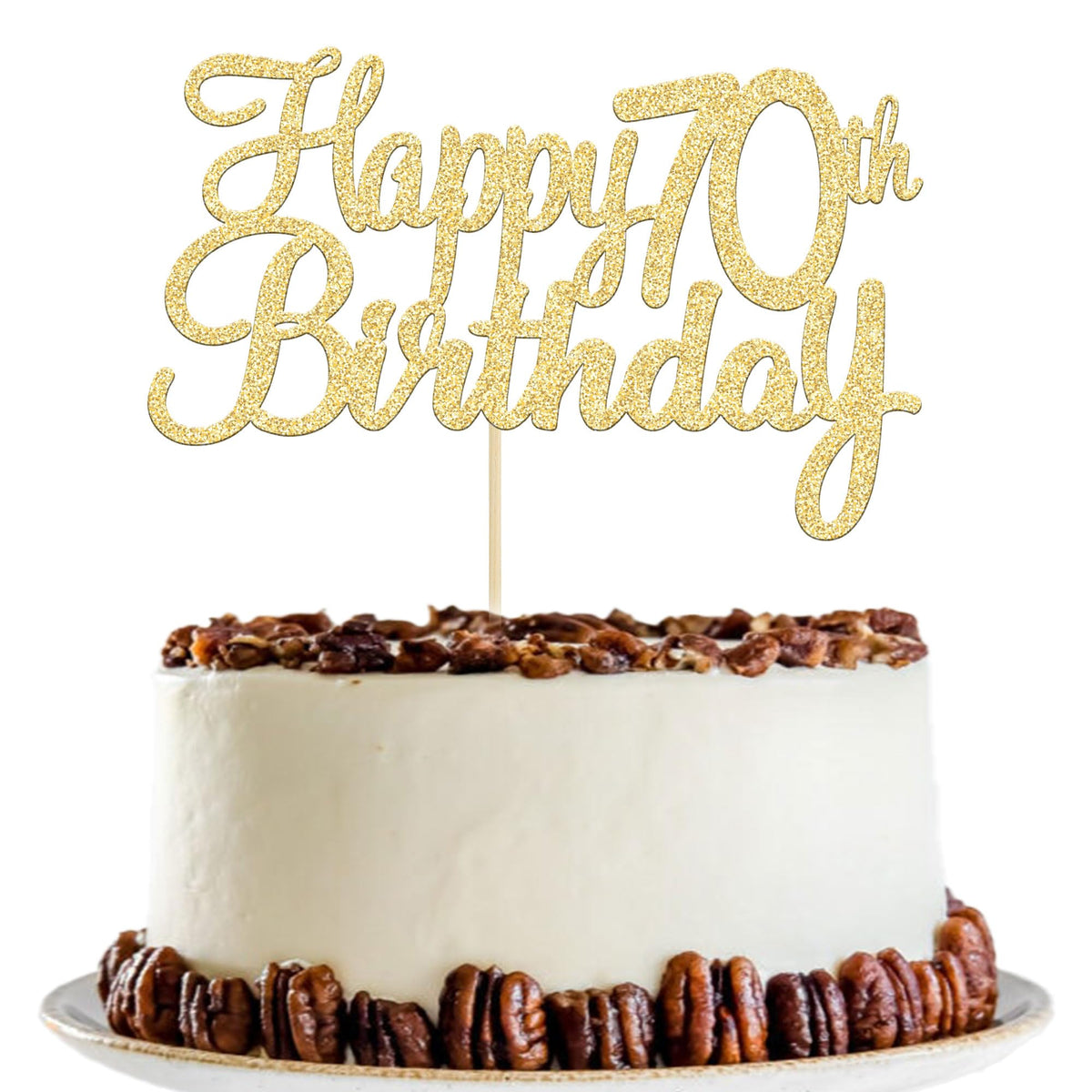 Gyufise gold Happy 70th Birthday Cake Topper on a celebratory cake, adds festive sparkle