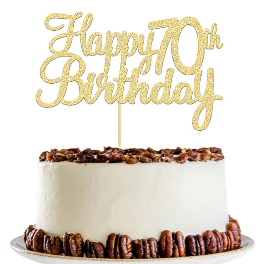 Gyufise gold Happy 70th Birthday Cake Topper on a celebratory cake, adds festive sparkle