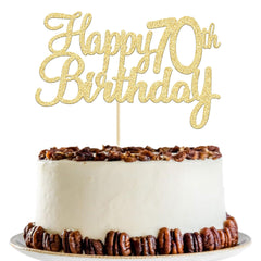 Gyufise gold Happy 70th Birthday Cake Topper on a celebratory cake, adds festive sparkle