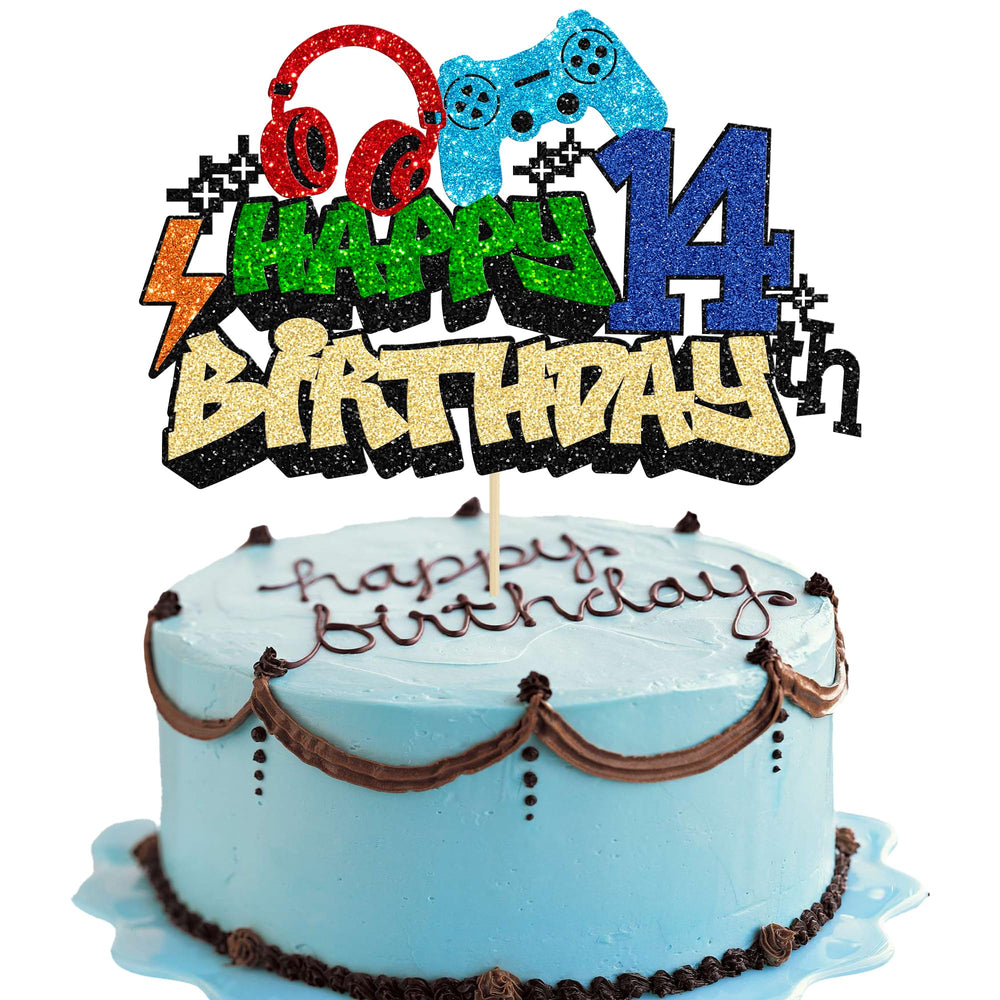 Gyufise Happy 14th Birthday topper with glitter for a video game cake decoration.
