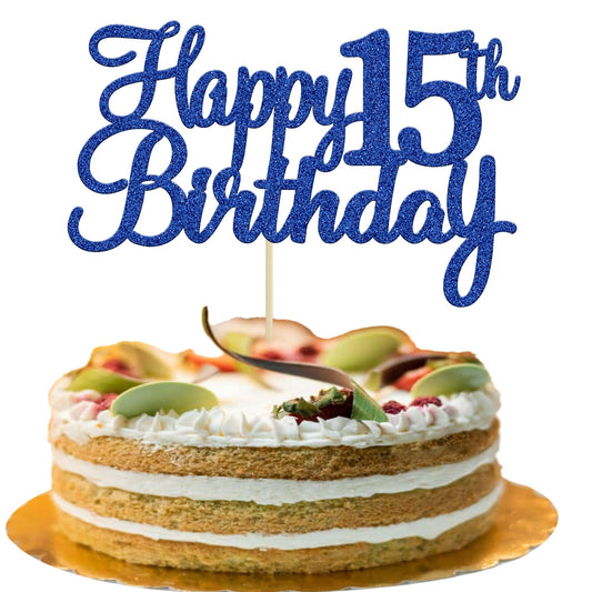 Gyufise Happy 15th Birthday Cake Topper with blue glitter adds festive cake flair.