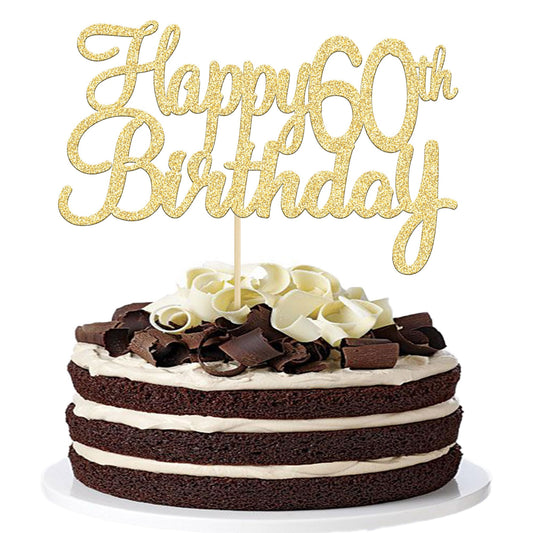 Gyufise Happy 60th Birthday cake topper, gold glitter, eye-catching centerpiece for celebrations