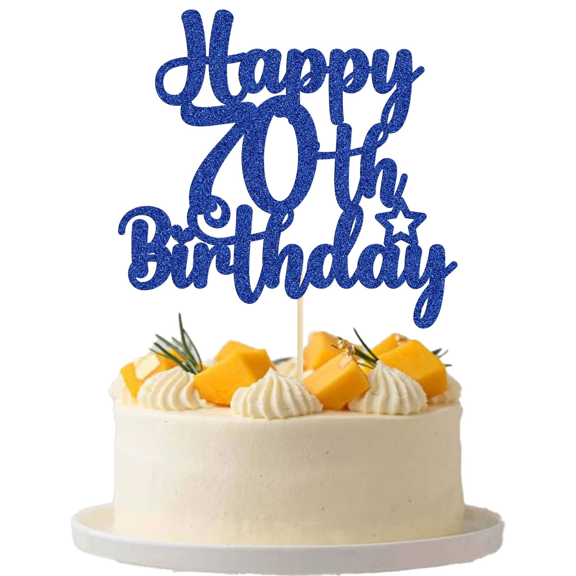 Gyufise Happy 70th Birthday Cake Topper on cake, festive and glittering.