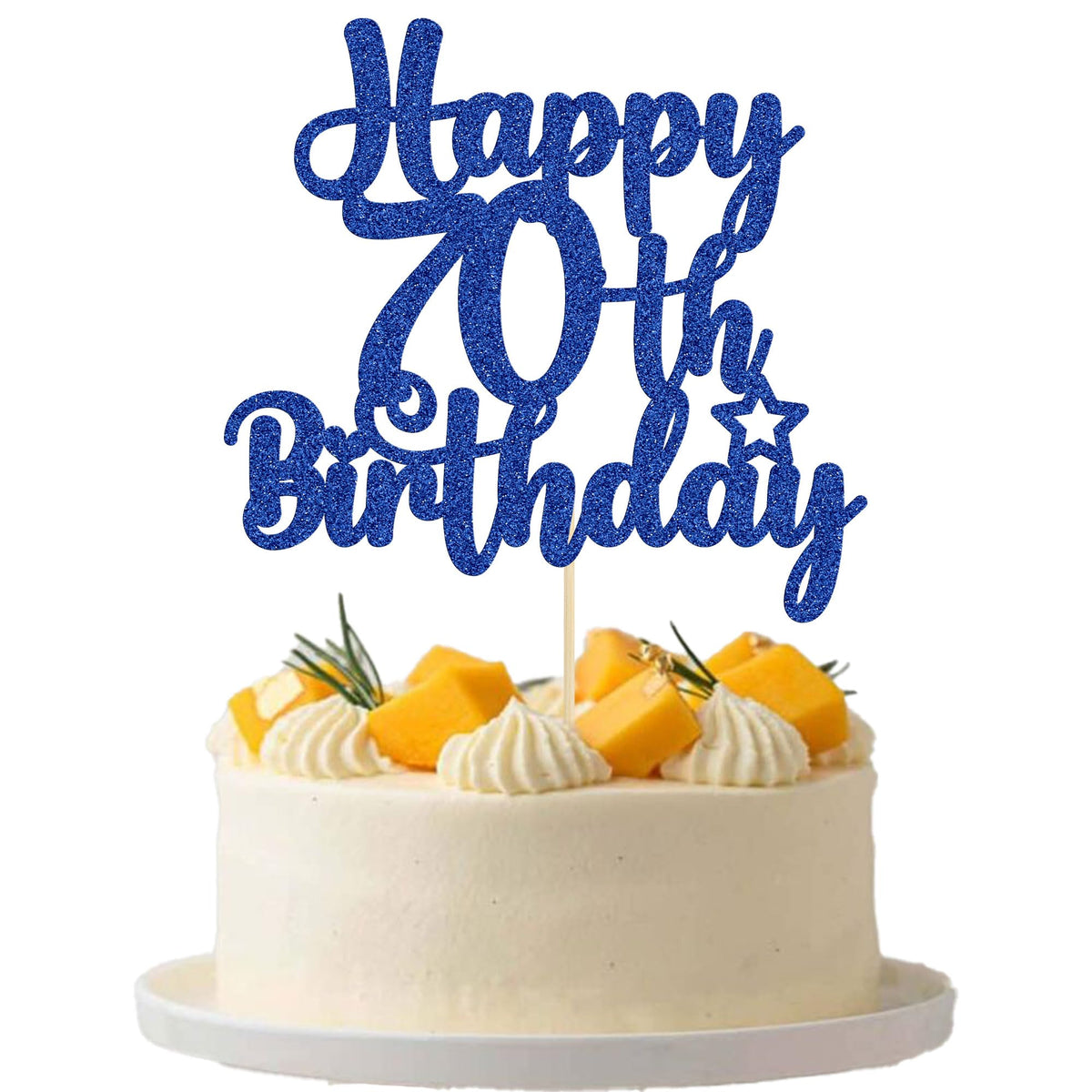Gyufise Happy 70th Birthday Cake Topper on cake, festive and glittering.