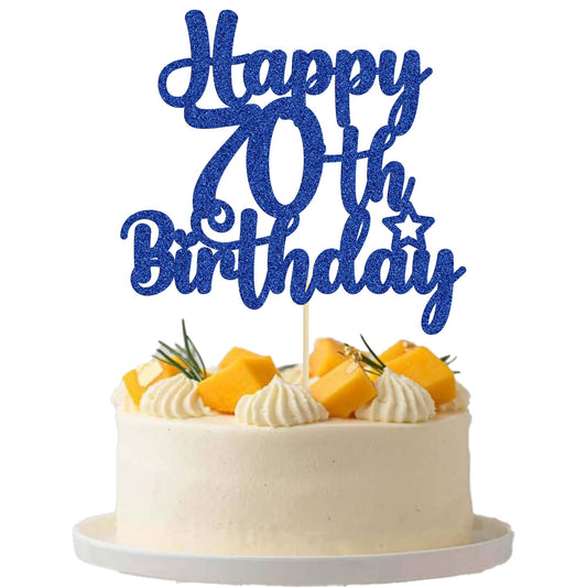 Gyufise Happy 70th Birthday Cake Topper on cake, festive and glittering.