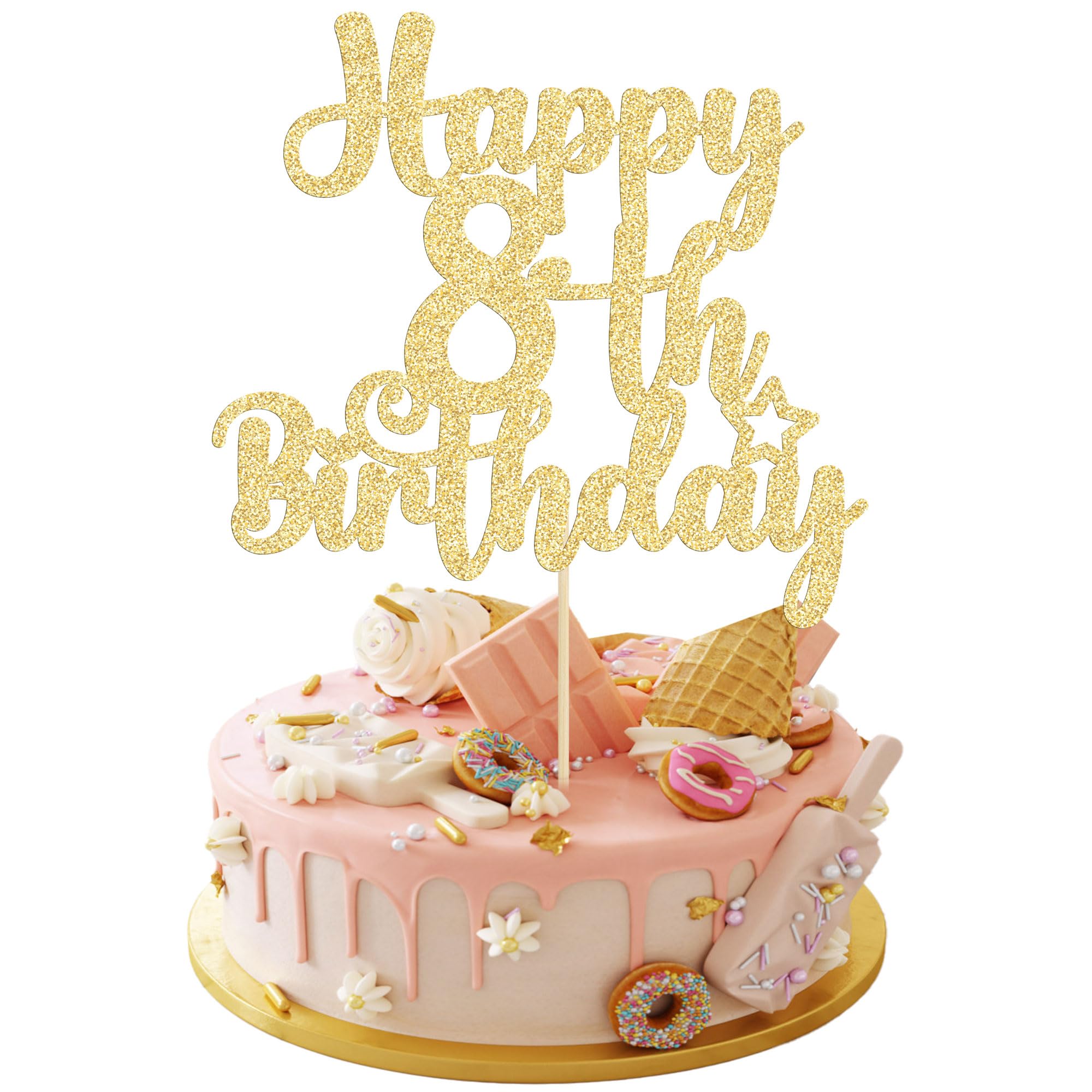 Gyufise Happy 8th Birthday cake topper with glitter for festive cake display