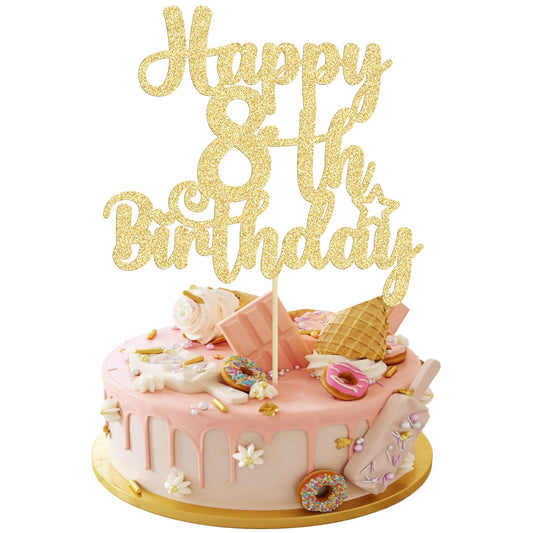 Gyufise Happy 8th Birthday cake topper with glitter for festive cake display