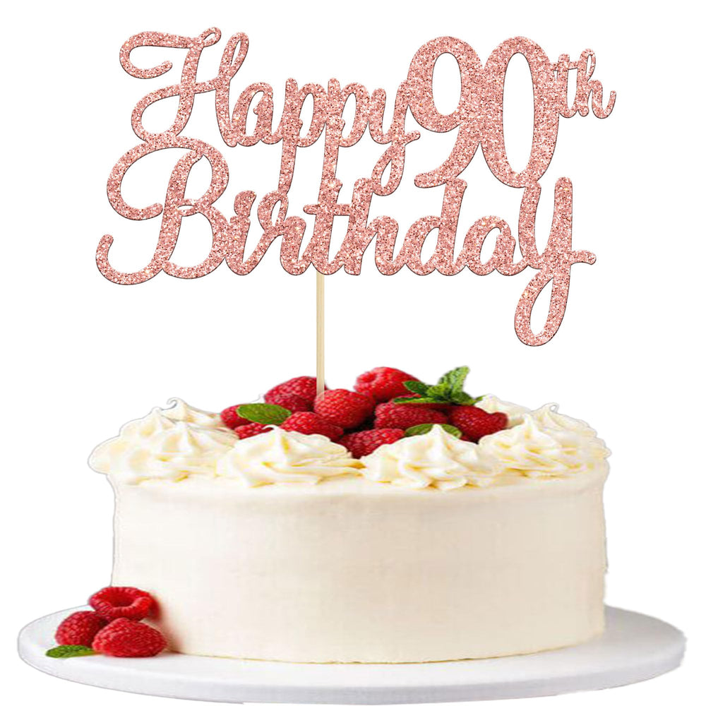Gyufise 90th birthday cake topper in rose gold adds festive sparkle.
