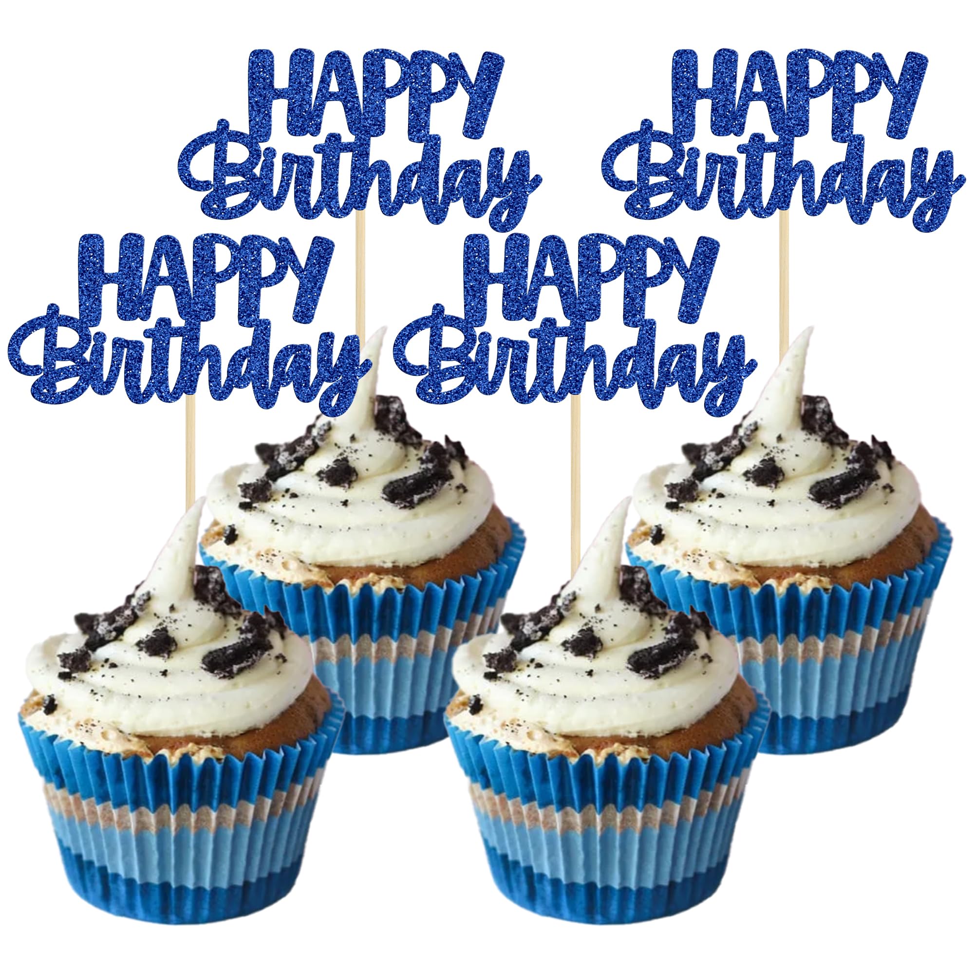 Gyufise Happy Birthday cupcake toppers—blue glitter, 24 assembled picks.