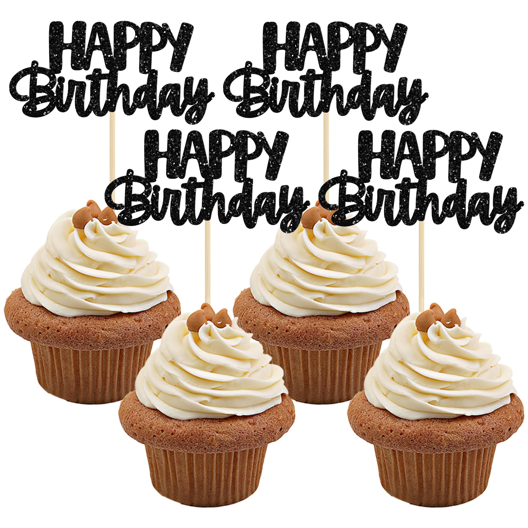 Gyufise black glitter happy birthday cupcake toppers add festive sparkle to your cake.