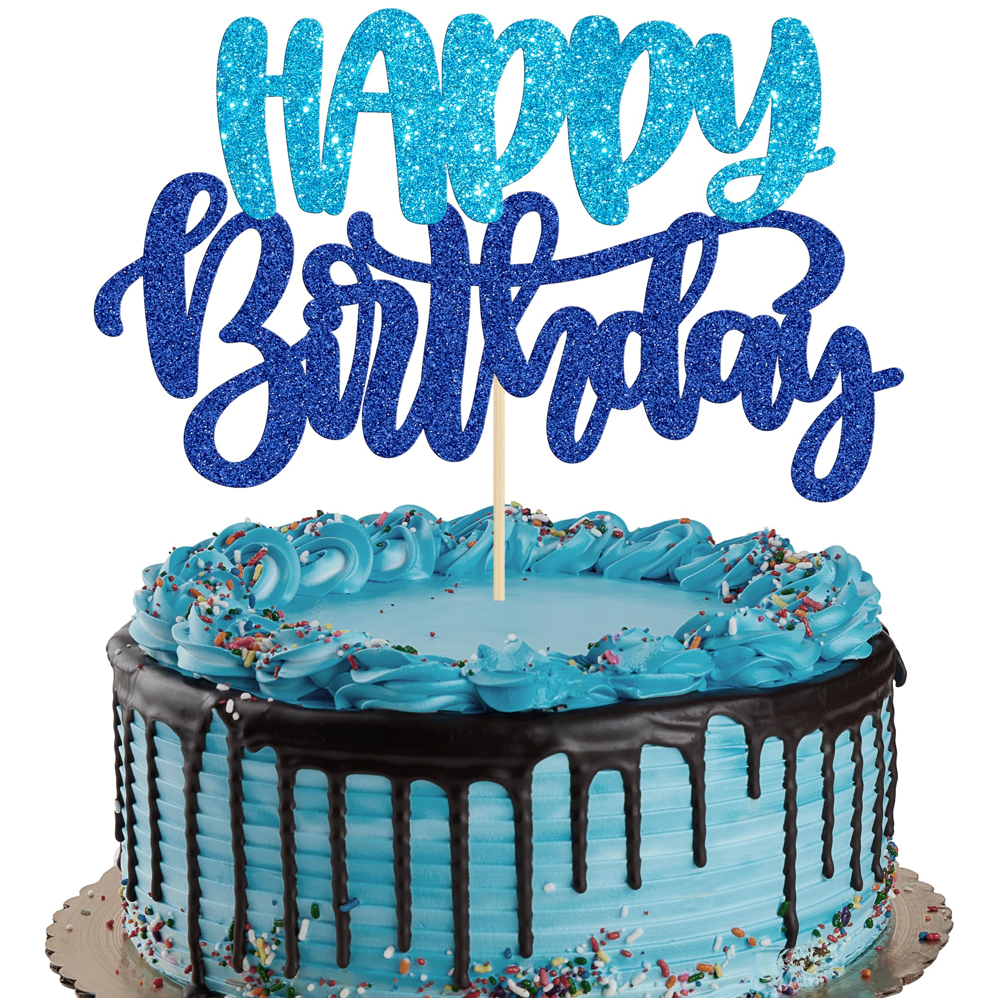 Gyufise Happy Birthday Topper Glitter Blue enhances birthday cake presentation
