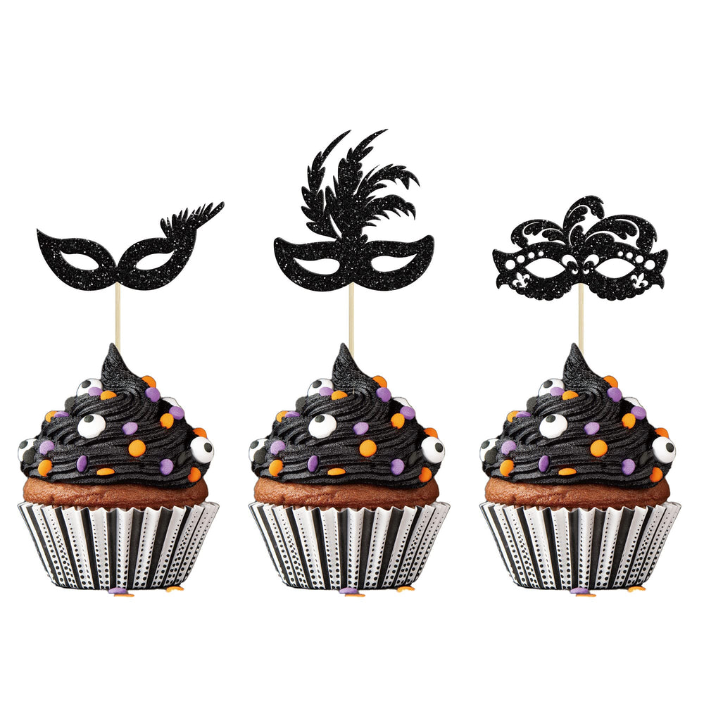 Gyufise masquerade masks cupcake toppers, assembled for direct cake insertion and festive flair.