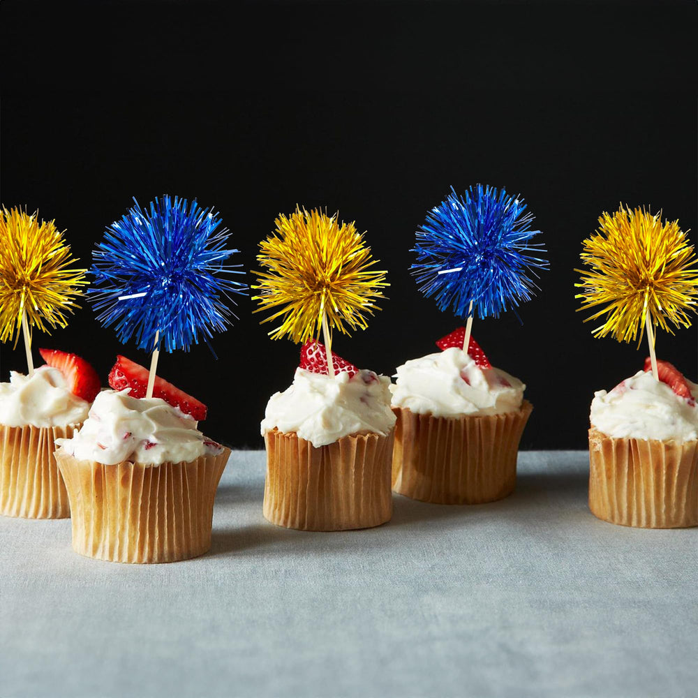 Gyufise mini cake picks elevate dessert displays with gold and blue foil.