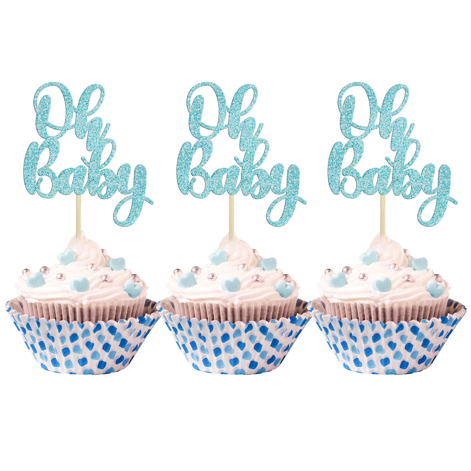 Gyufise oh baby cupcake toppers glittery light blue for baby shower desserts