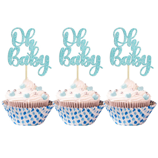 Gyufise oh baby cupcake toppers glittery light blue for baby shower desserts