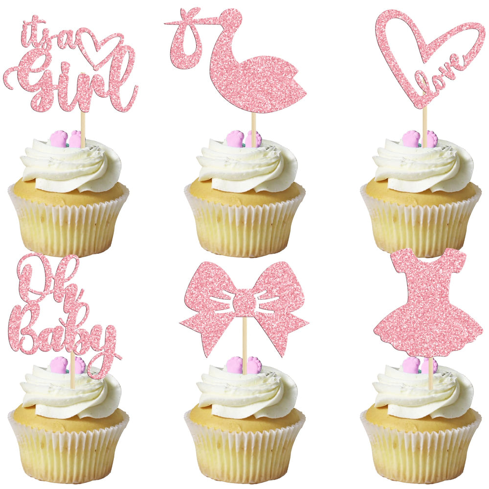 Gyufise Oh Baby Girl cupcake toppers with pink glitter for baby showers