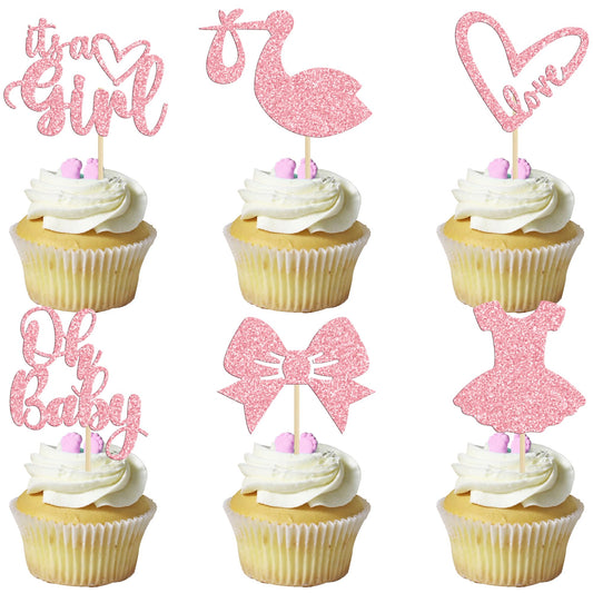 Gyufise Oh Baby Girl cupcake toppers with pink glitter for baby showers