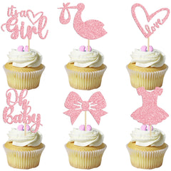 Gyufise Oh Baby Girl cupcake toppers with pink glitter for baby showers