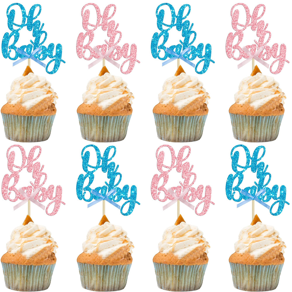 Gyufise Oh Baby pink blue bow topper on cake for baby showers