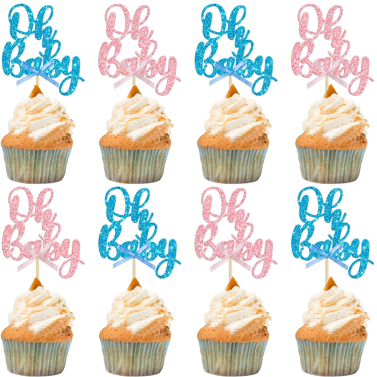 Gyufise Oh Baby pink blue bow topper on cake for baby showers