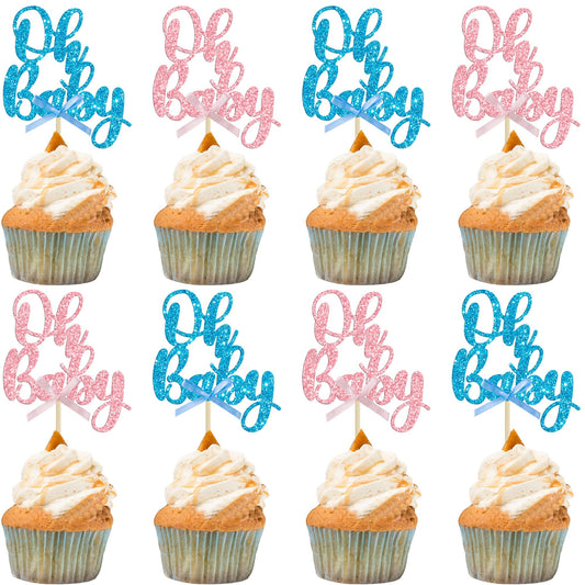 Gyufise Oh Baby pink blue bow topper on cake for baby showers