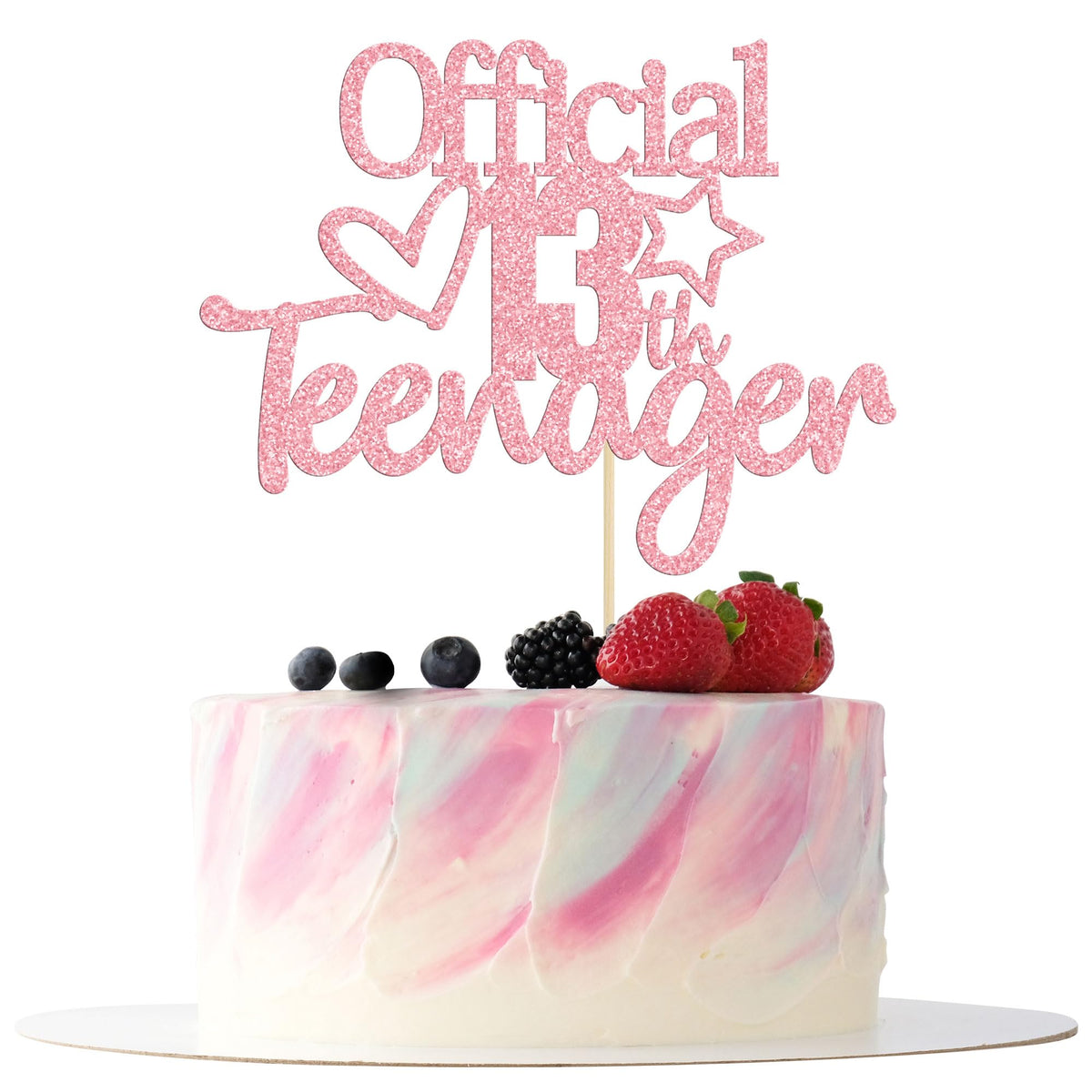 Gyufise pink glitter 13th cake topper assembled on cake, instant party décor.