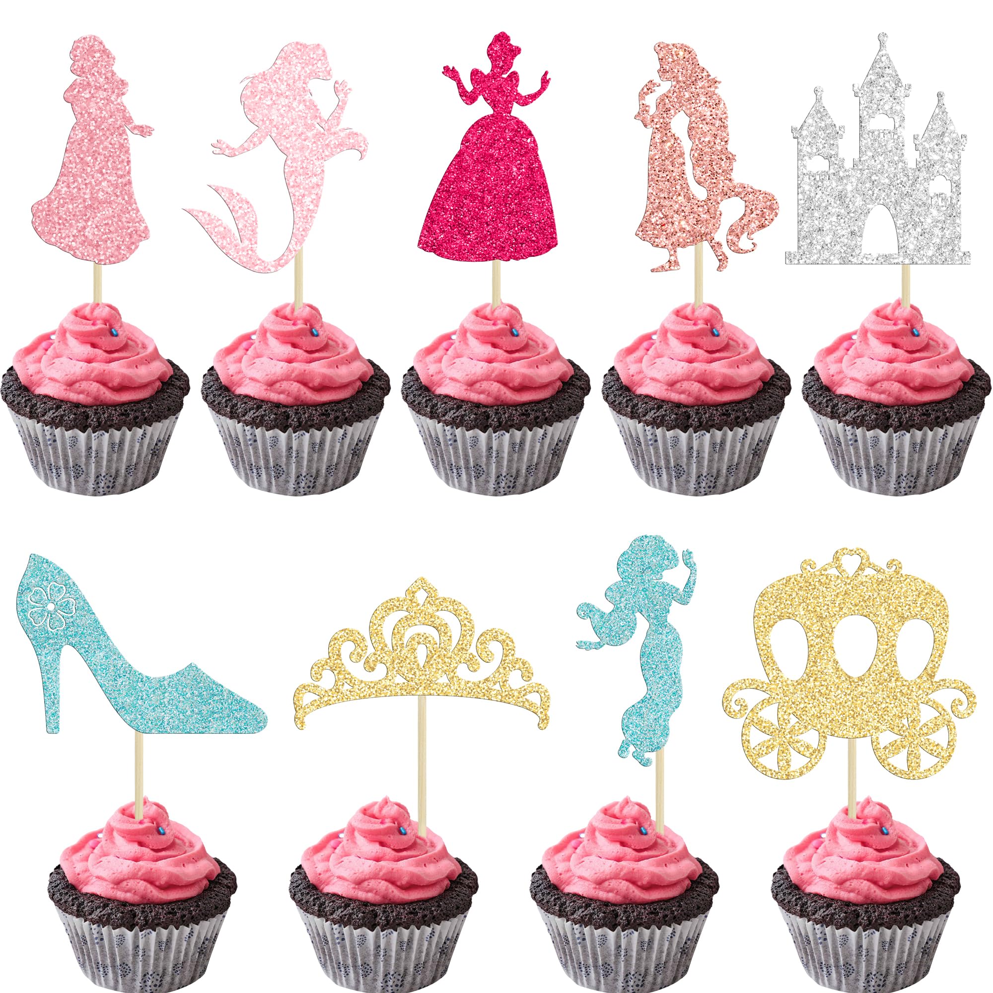 Gyufise Princess Cupcake Toppers assembled on cake for festive appeal.