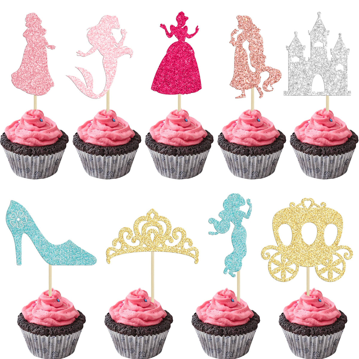 Gyufise Princess Cupcake Toppers assembled on cake for festive appeal.