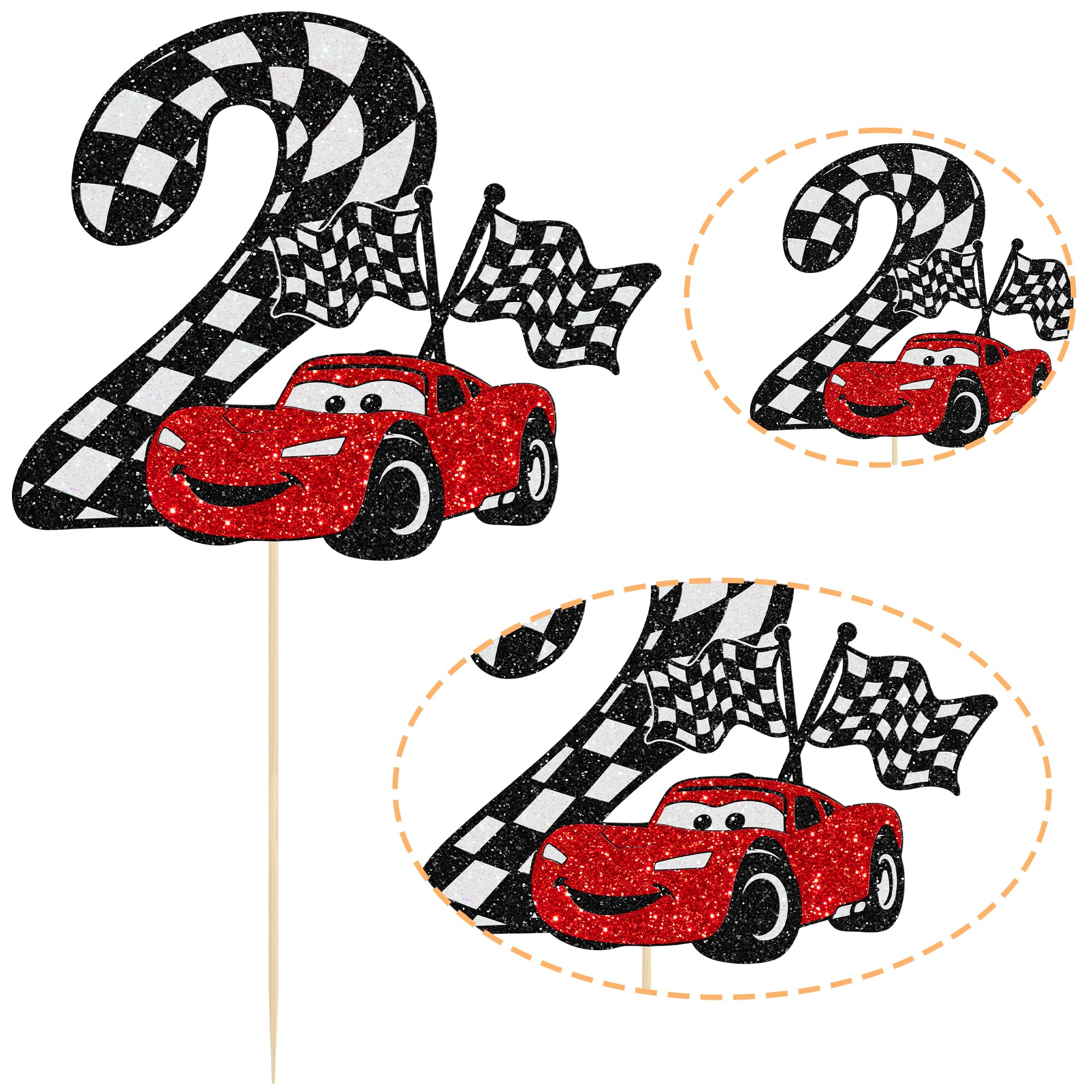 Gyufise glitter race car topper enhances a racing-themed party.