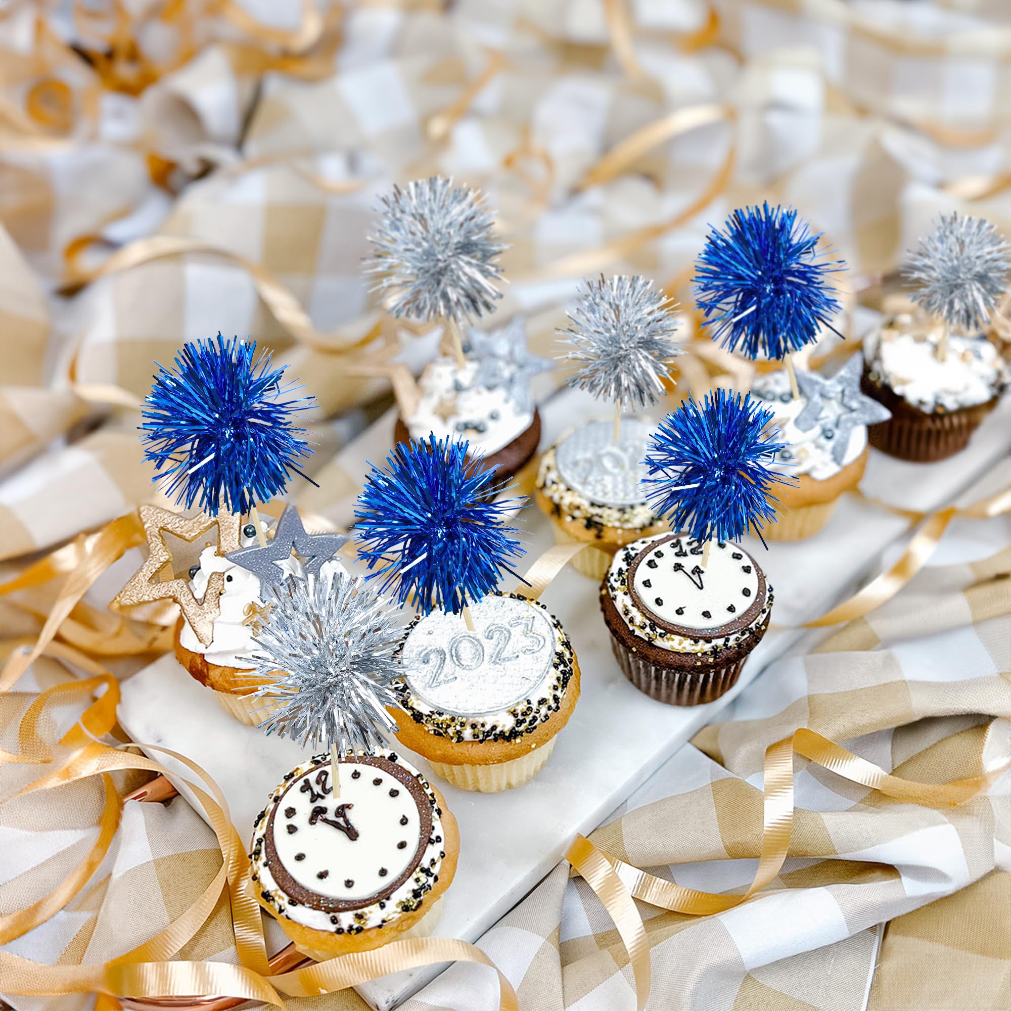 Gyufise silver dark blue toppers brighten cupcakes with festive shine.