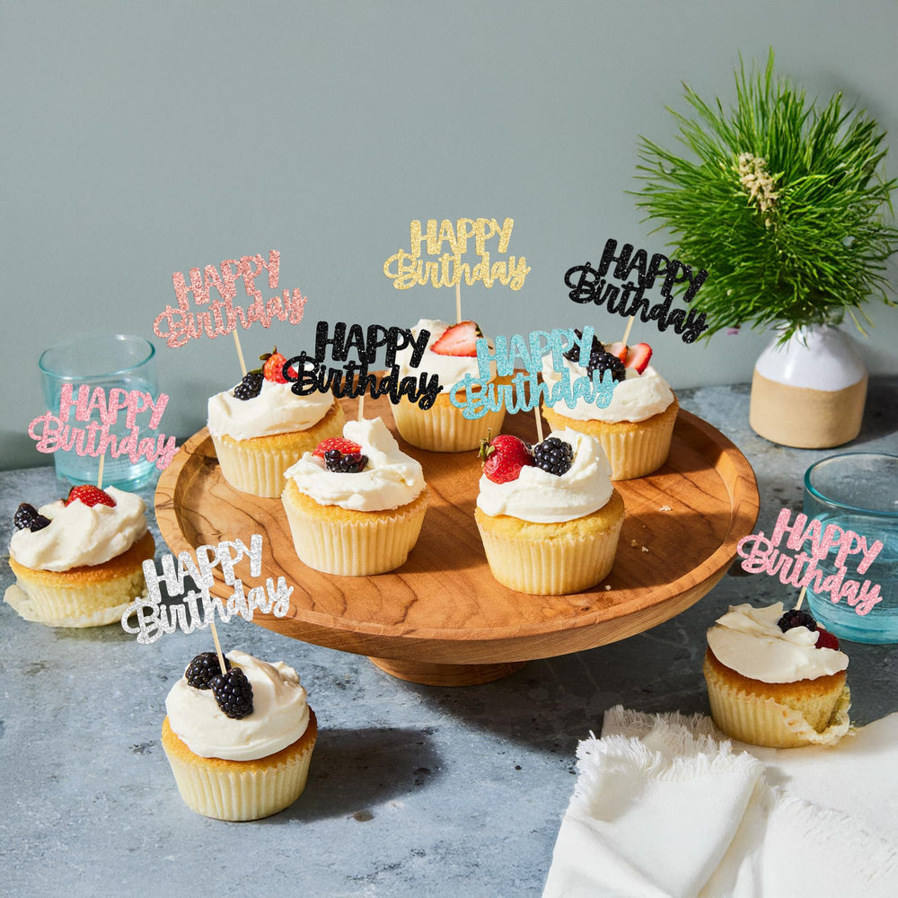 Gyufise six-color glitter cupcake toppers enhance festive dessert displays.