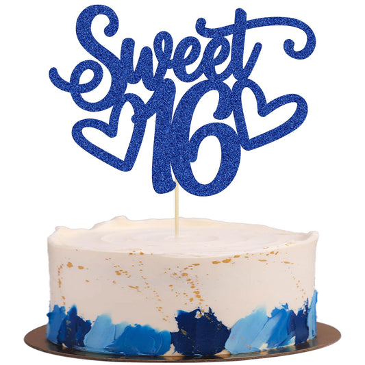Gyufise Sweet 16 cake topper in blue adds festive sparkle to your cake.