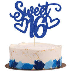 Gyufise Sweet 16 cake topper in blue adds festive sparkle to your cake.