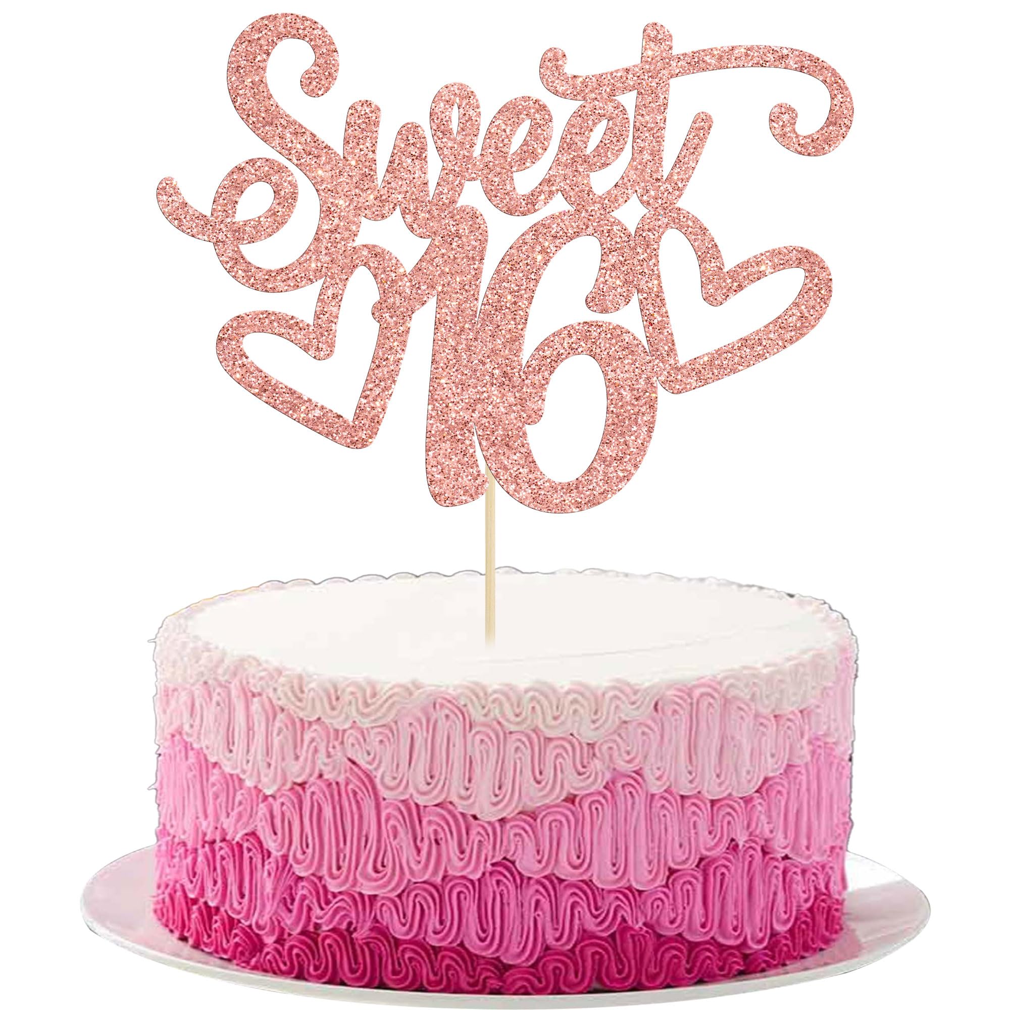 Gyufise Sweet 16 cake topper in rose gold glitter for festive cakes.