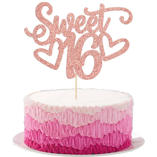 Gyufise Sweet 16 cake topper in rose gold glitter for festive cakes.