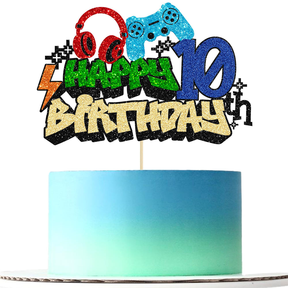 Gyufise video game 10th birthday topper with glitter for festive cake decoration.