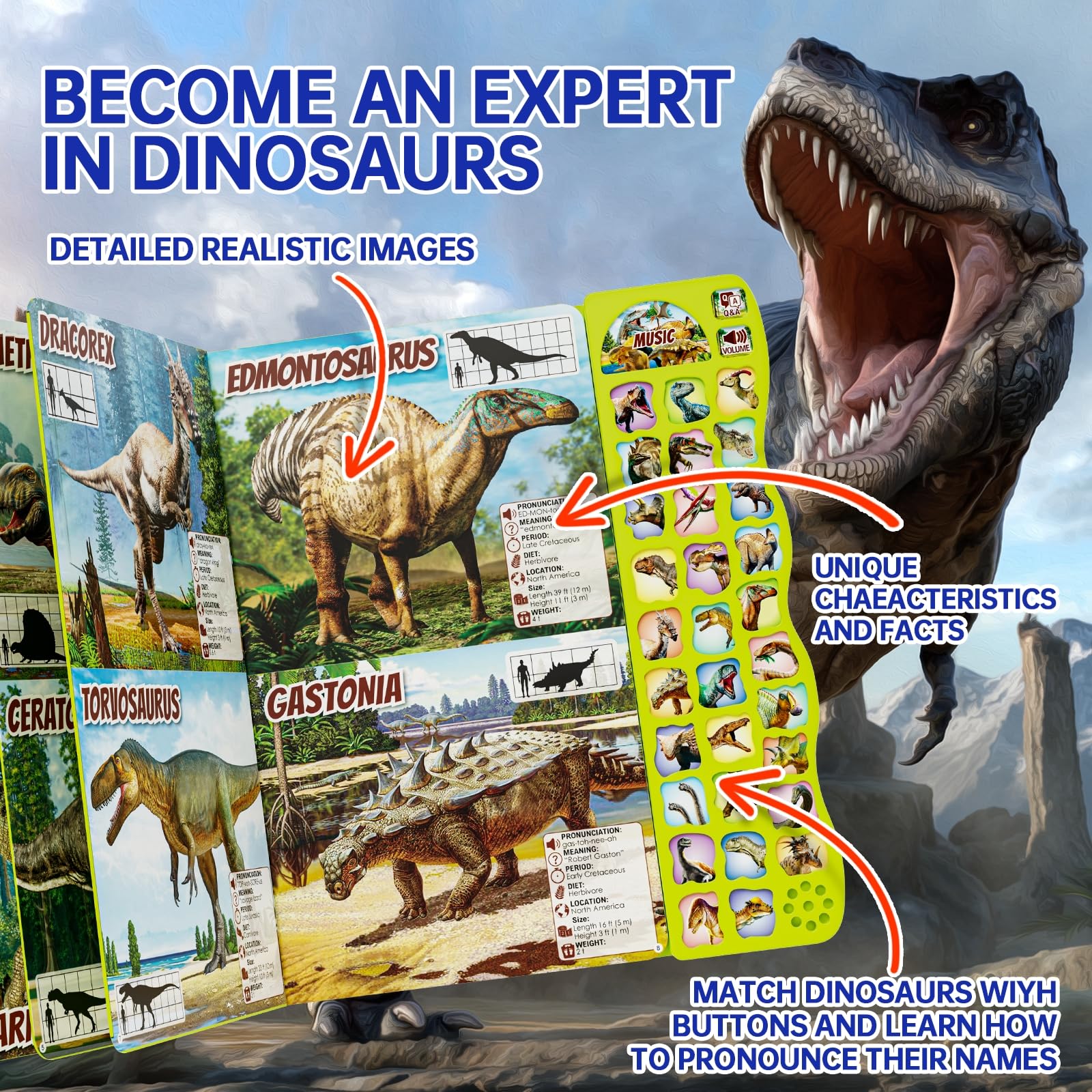 Gzsbaby dinosaur book sounds interactive pages showcase 30 species for engaging discovery