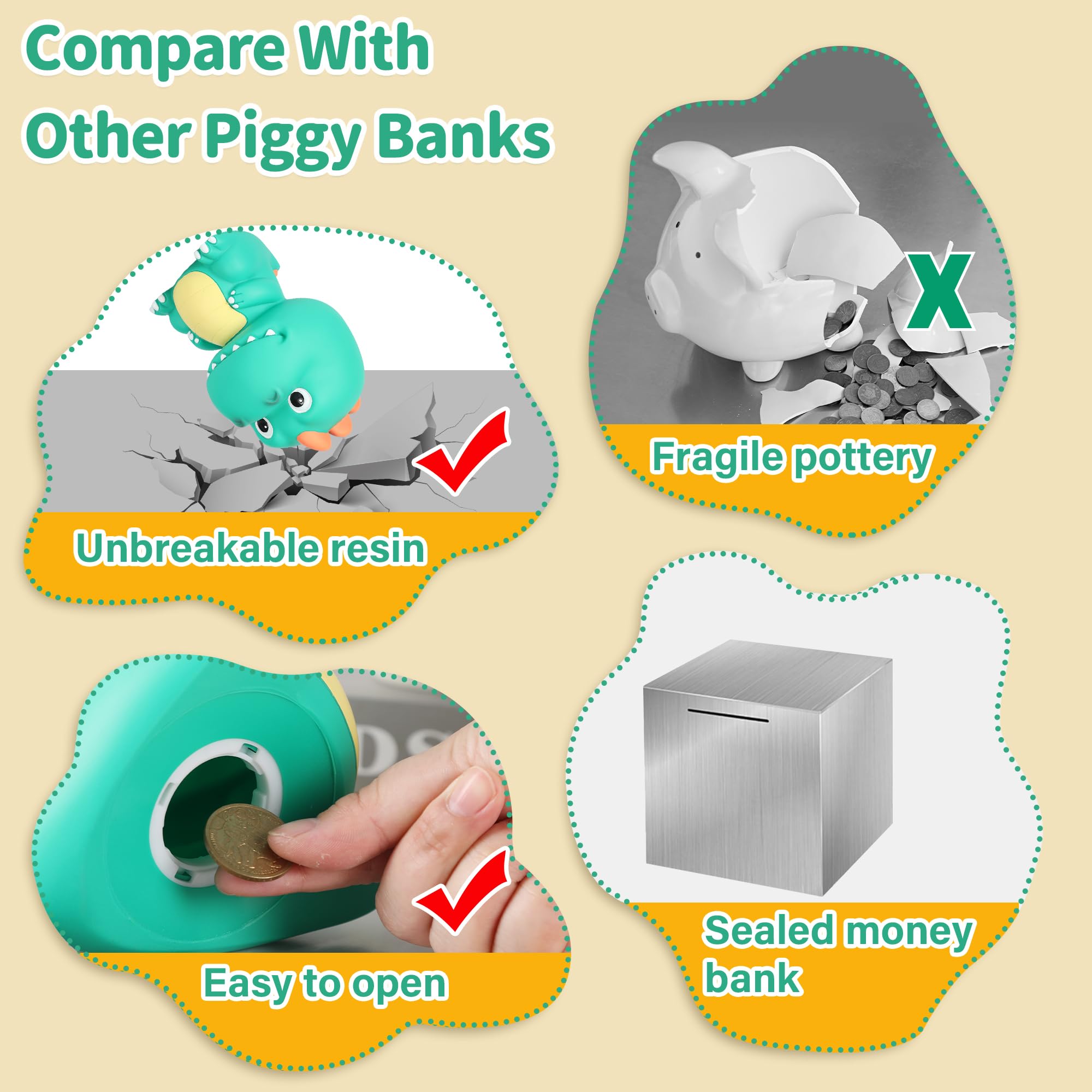 H&W Dino Money Bank mint green bottom plug close-up, simple coin retrieval